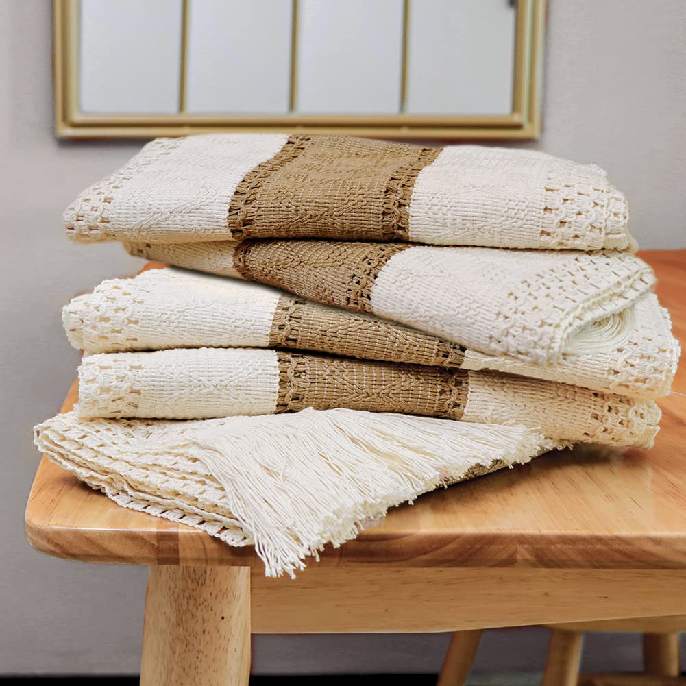 Splicing Burlap Table Runner Farmhouse Style Boho Decor With Rustic Woven Cotton  Crochet Lace Trim 2