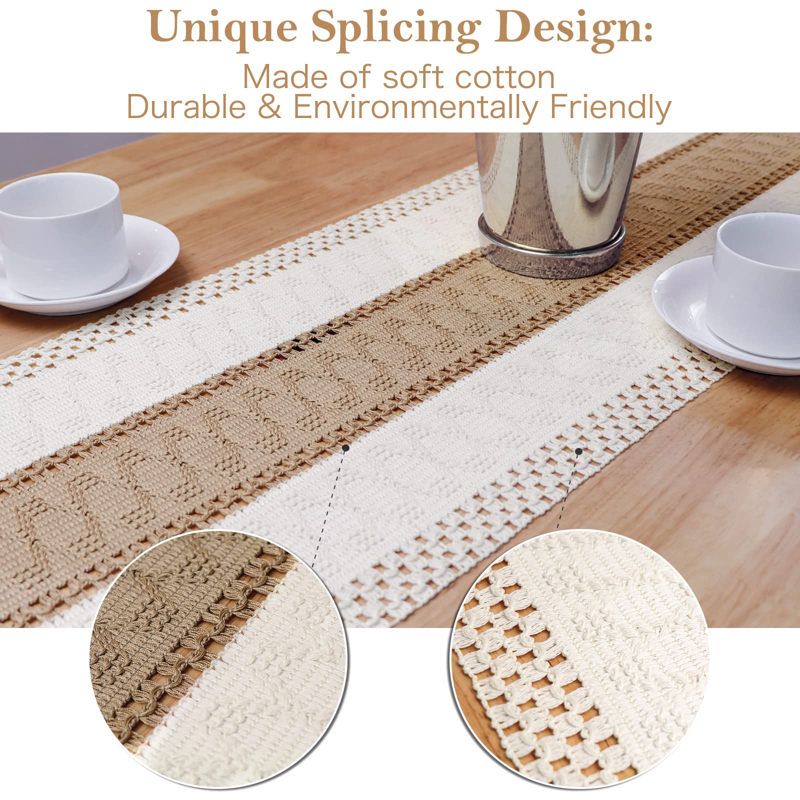 Splicing Burlap Table Runner Farmhouse Style Boho Decor With Rustic Woven Cotton  Crochet Lace Trim 4