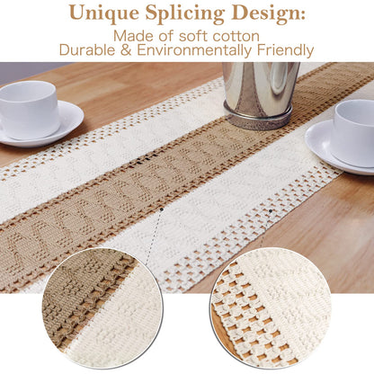Splicing Burlap Table Runner Farmhouse Style Boho Decor With Rustic Woven Cotton  Crochet Lace Trim 4
