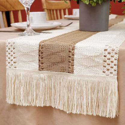 Splicing Burlap Table Runner Farmhouse Style Boho Decor With Rustic Woven Cotton  Crochet Lace Trim 1