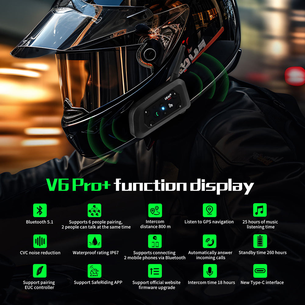 V6 PRO Motorcycle Helmet Bluetooth Intercom 6 Rider 800m Range IP67 Waterproof Walkie Talkie 3