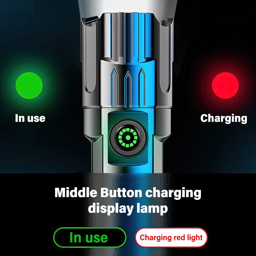 2000LM High-Power LED Flashlight, USB Rechargeable Tactical Torch with Display Light, Zoomable Camping, Fishing