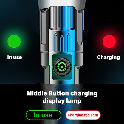 2000LM High-Power LED Flashlight, USB Rechargeable Tactical Torch with Display Light, Zoomable Camping, Fishing