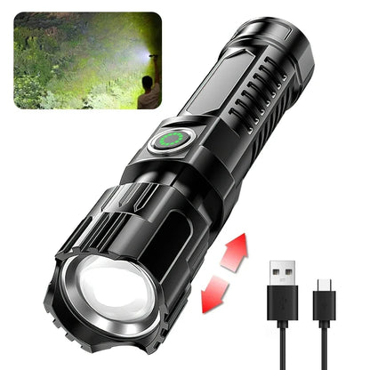2000LM High-Power LED Flashlight, USB Rechargeable Tactical Torch with Display Light, Zoomable Camping, Fishing