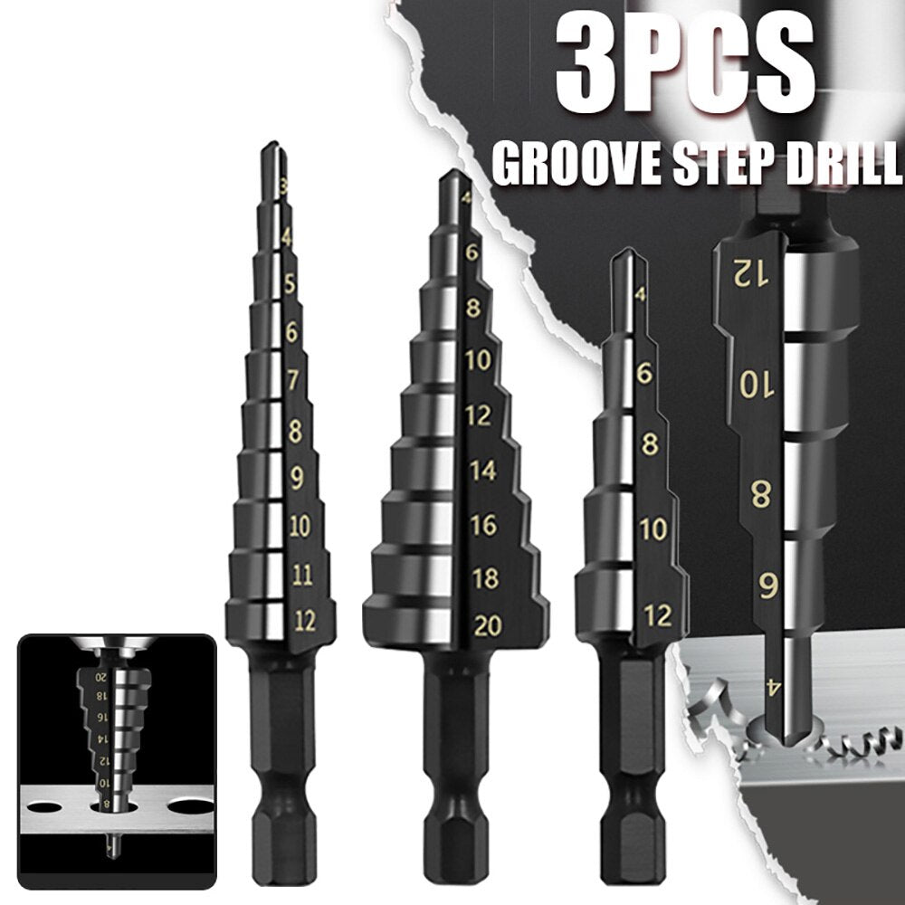 3Pcs HSS Straight Groove Step Drill Bit Set Nitride Black Hex Wood  Metal Hole Cutter 312mm 420mm 1