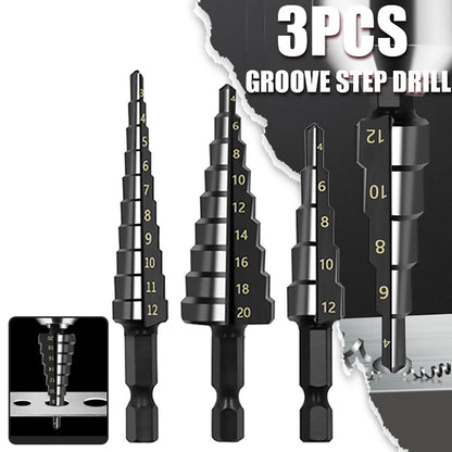 3Pcs HSS Straight Groove Step Drill Bit Set Nitride Black Hex Wood  Metal Hole Cutter 312mm 420mm 1