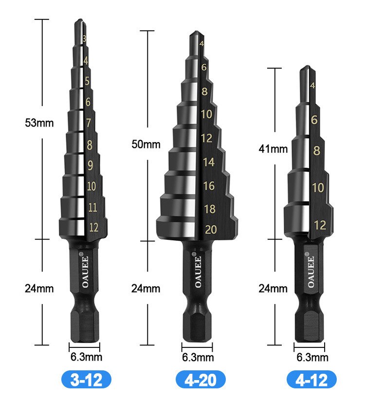 3Pcs HSS Straight Groove Step Drill Bit Set Nitride Black Hex Wood  Metal Hole Cutter 312mm 420mm 6