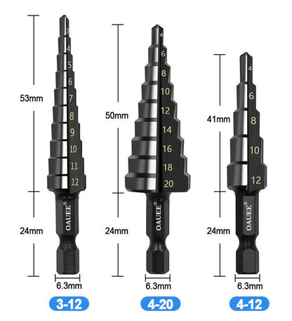3Pcs HSS Straight Groove Step Drill Bit Set Nitride Black Hex Wood  Metal Hole Cutter 312mm 420mm 6