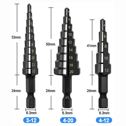 3Pcs HSS Straight Groove Step Drill Bit Set Nitride Black Hex Wood  Metal Hole Cutter 312mm 420mm 5