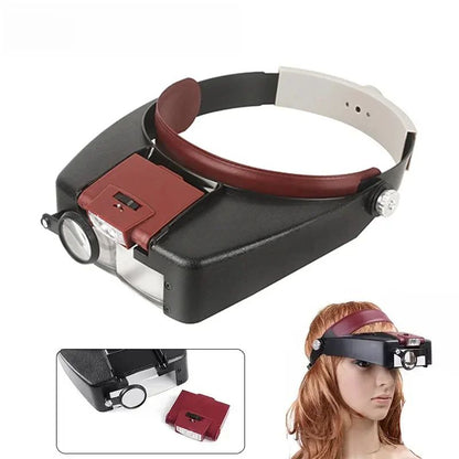 LED Headband Magnifier Glasses, Adjustable Optivisor Loupe for Reading, Crafts & Repair with Bright Dual LEDs