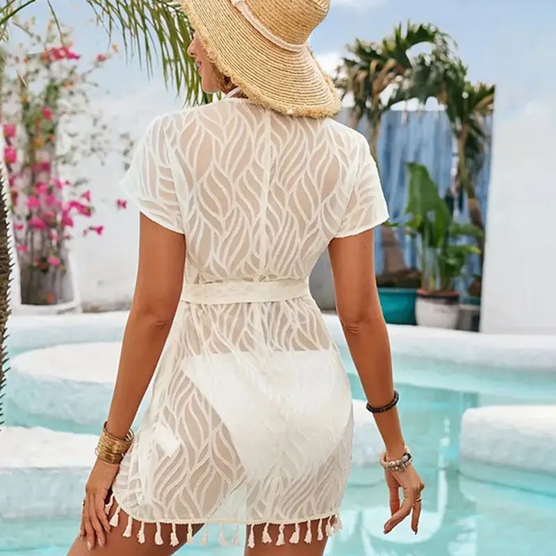 Elegant White Lace Swim Cover Up Dress  Sexy VNeck Long Beach Pareo Bikini Robe  Tunic For Women 5