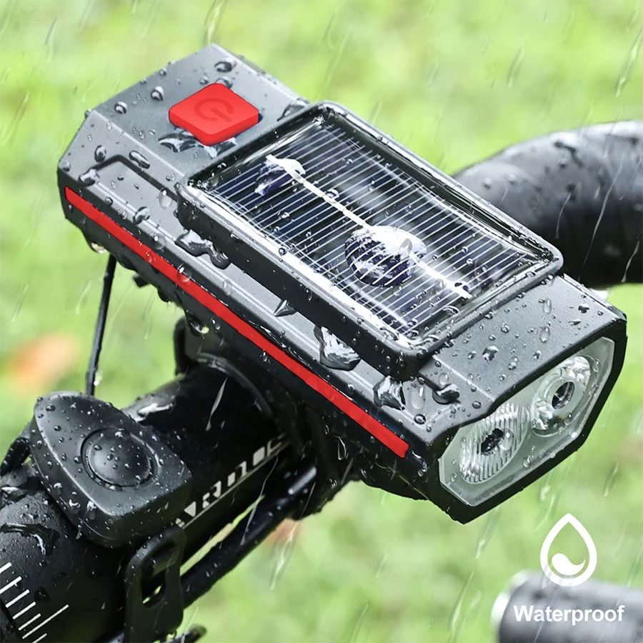 Solar Bicycle Light with Horn, TYPE-C Rechargeable MTB Road Bike Front Lamp & Flashlight with Battery