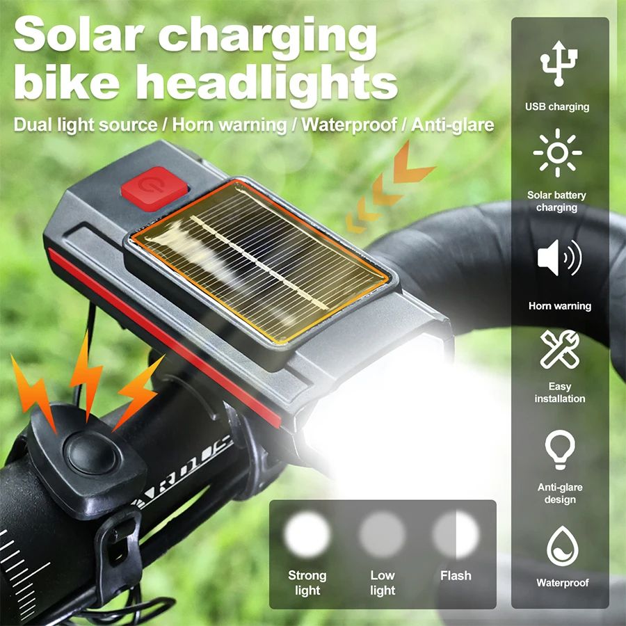 Solar Bicycle Light With Horn TYPEC Rechargeable MTB Road Bike Front Lamp  Flashlight With Battery 1