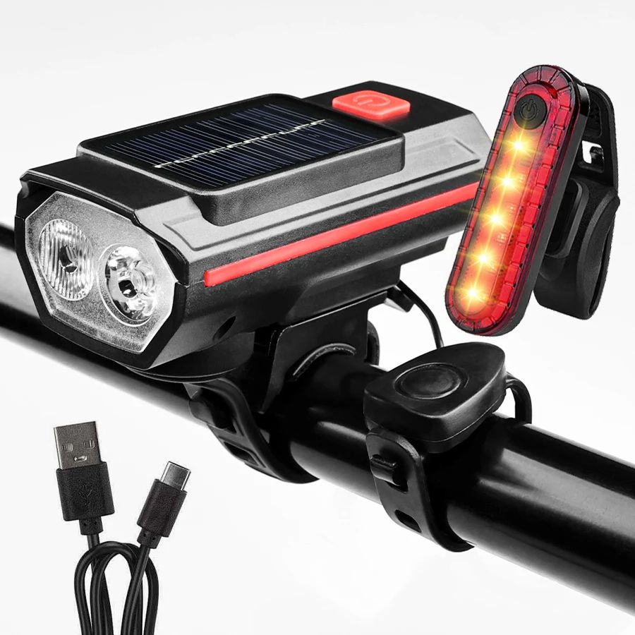 Solar Bicycle Light With Horn TYPEC Rechargeable MTB Road Bike Front Lamp  Flashlight With Battery 8
