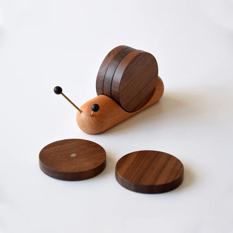 Snail-Shaped Wood Cup Mat Set – Heat Insulation Table Placemats, Wooden Tea Coaster & Tray – Creative Gift for Tea Lover