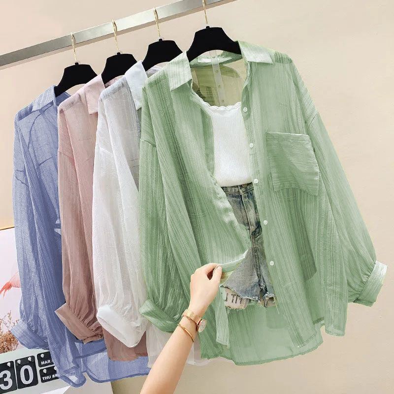 Summer Sunscreen Shirt Elegant Thin Chiffon Blouse Loose Top Casual Womens Cardigan Korean Harajuku Style