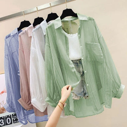 Summer Sunscreen Shirt Elegant Thin Chiffon Blouse Loose Top Casual Womens Cardigan Korean Harajuku Style