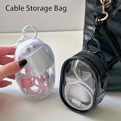 Portable Mini Clear Zipper Storage Bag – Compact Organizer for Earphones, Chargers & Small Essentials with Keychain Loop