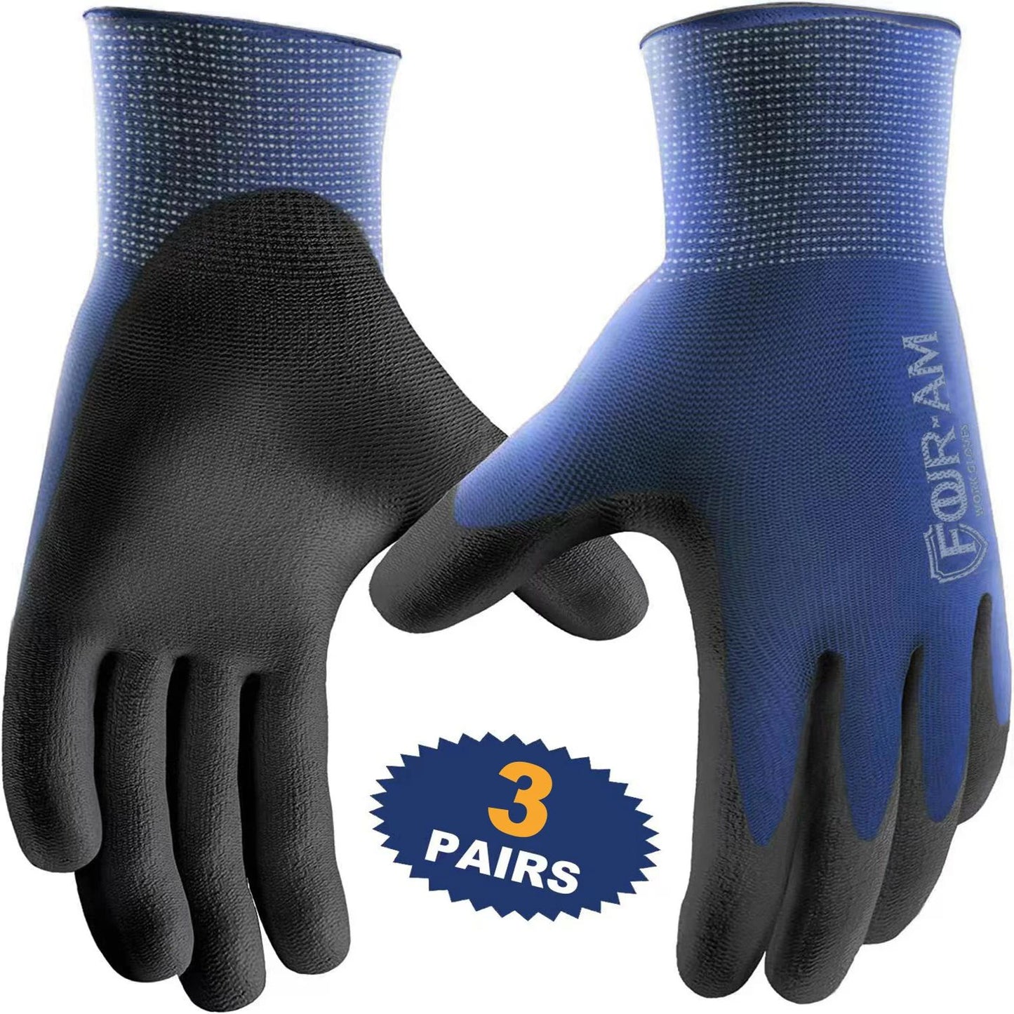 3 Pairs Ultra-Thin PU Coated Work Gloves – Excellent Grip, Nylon Shell, Polyurethane Safety Gloves with Knit Wrist Cuff