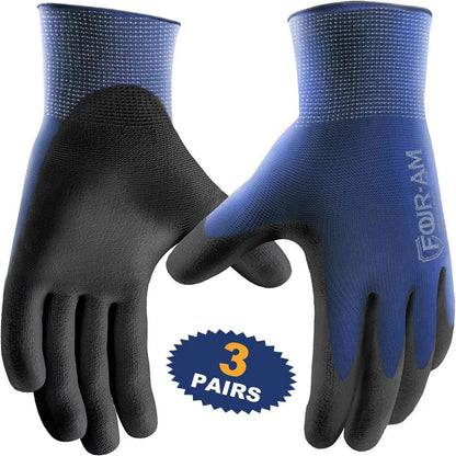 3 Pairs Ultra-Thin PU Coated Work Gloves – Excellent Grip, Nylon Shell, Polyurethane Safety Gloves with Knit Wrist Cuff
