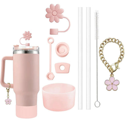 Stanley Cup Accessories Set – 3 Spill-Proof Stoppers, Flower Straw Cover, Silicone Boot, 2 Straws, Brush & Flower Charm