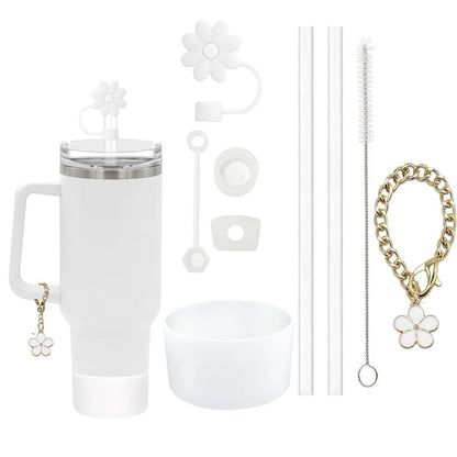 Stanley Cup Accessories Set  3 SpillProof Stoppers Flower Straw Cover Silicone Boot 2 Straws Brush  1