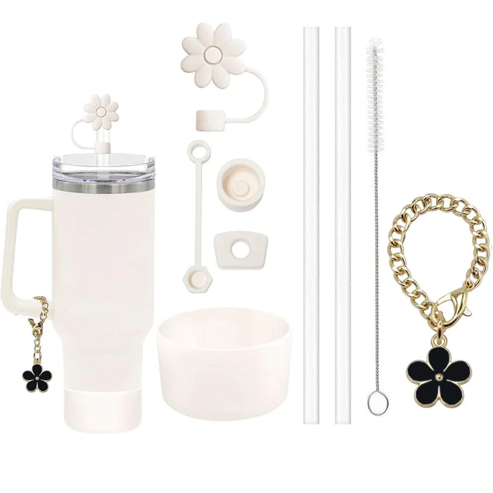 Stanley Cup Accessories Set  3 SpillProof Stoppers Flower Straw Cover Silicone Boot 2 Straws Brush  2