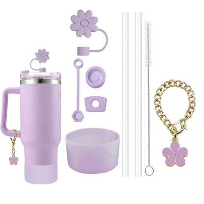 Stanley Cup Accessories Set  3 SpillProof Stoppers Flower Straw Cover Silicone Boot 2 Straws Brush  3