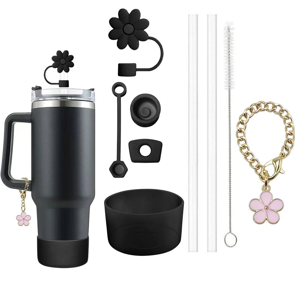 Stanley Cup Accessories Set  3 SpillProof Stoppers Flower Straw Cover Silicone Boot 2 Straws Brush  6