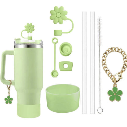 Stanley Cup Accessories Set  3 SpillProof Stoppers Flower Straw Cover Silicone Boot 2 Straws Brush  7