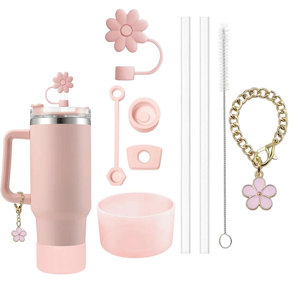 Stanley Cup Accessories Set  3 SpillProof Stoppers Flower Straw Cover Silicone Boot 2 Straws Brush  8