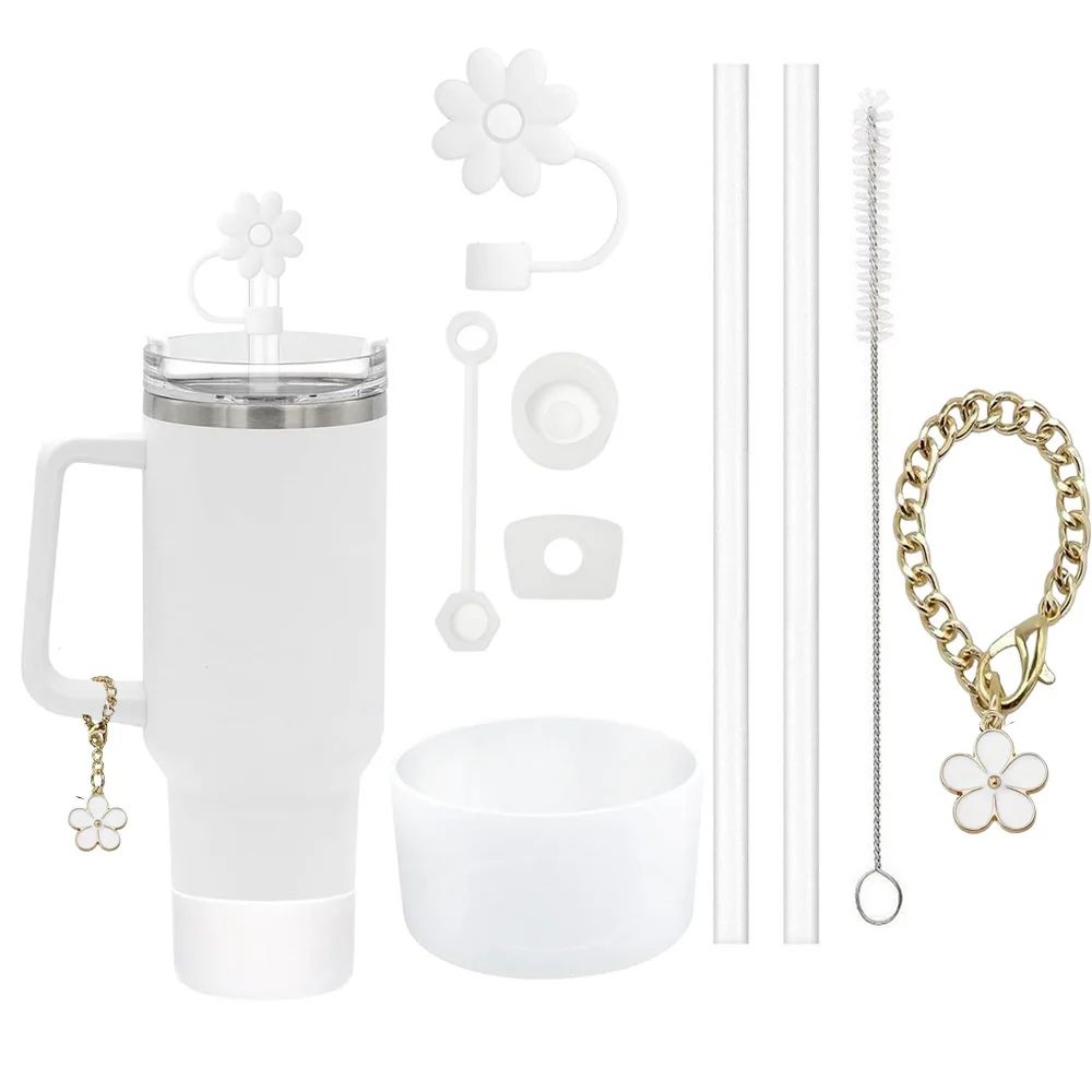 Stanley Cup Accessories Set  3 SpillProof Stoppers Flower Straw Cover Silicone Boot 2 Straws Brush  10