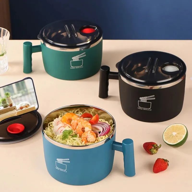 Stainless Steel Bowl With Lid for Instant Noodles, Sealed and Portable Drain Bowl for Kitchen Utensils & Instant Noodle