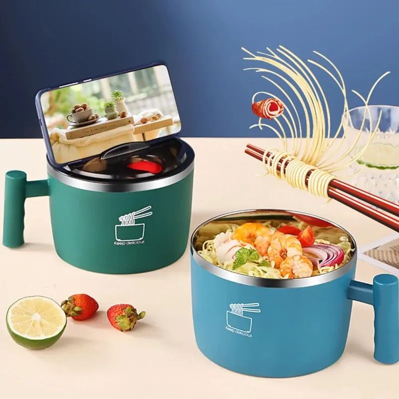 Stainless Steel Bowl With Lid For Instant Noodles Sealed And Portable Drain Bowl For Kitchen Utensi 2