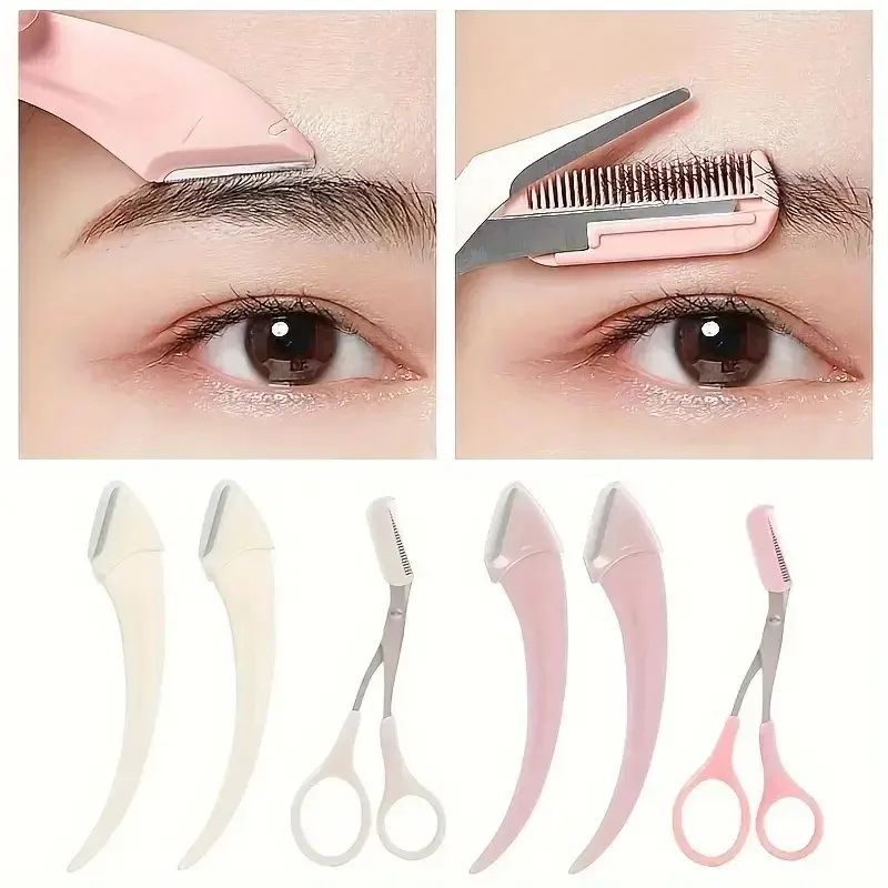 Eyebrow Trimmer Set with Curved Eyebrow Razor and Scissors Comb, Easy Beauty Tools for Beginners and Precision Grooming