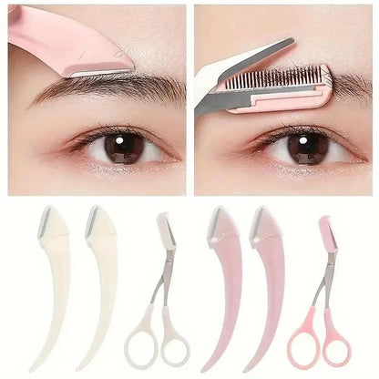 Eyebrow Trimmer Set with Curved Eyebrow Razor and Scissors Comb, Easy Beauty Tools for Beginners and Precision Grooming