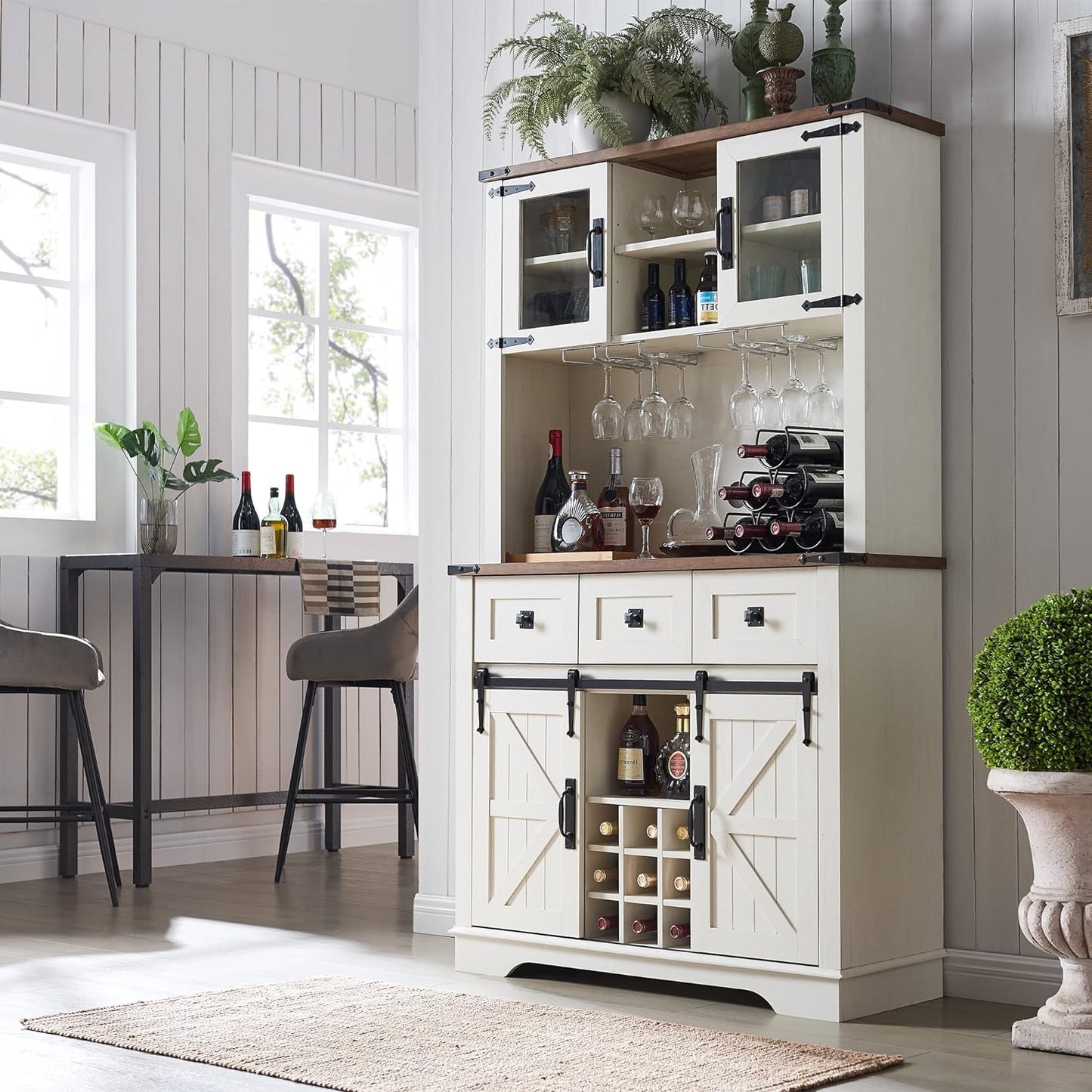 71in Rustic Coffee Bar Cabinet – Farmhouse Pantry with Power Outlet and Storage Drawers