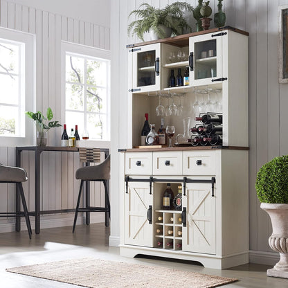 71in Rustic Coffee Bar Cabinet – Farmhouse Pantry with Power Outlet and Storage Drawers