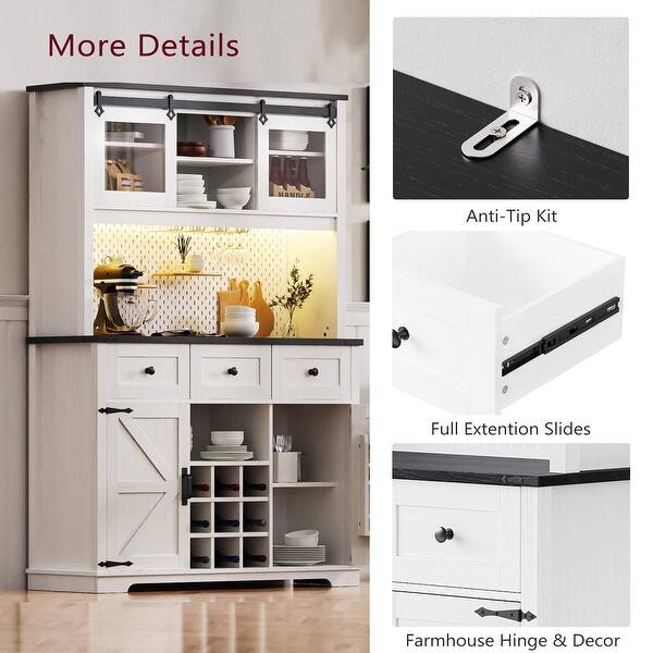 71in Rustic Coffee Bar Cabinet  Farmhouse Pantry With Power Outlet And Storage Drawers 1