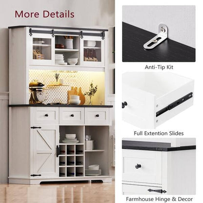 71in Rustic Coffee Bar Cabinet  Farmhouse Pantry With Power Outlet And Storage Drawers 1