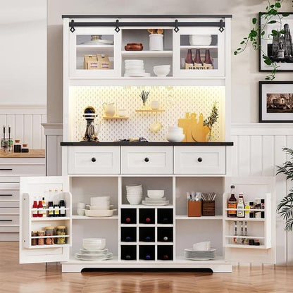 71in Rustic Coffee Bar Cabinet  Farmhouse Pantry With Power Outlet And Storage Drawers 2