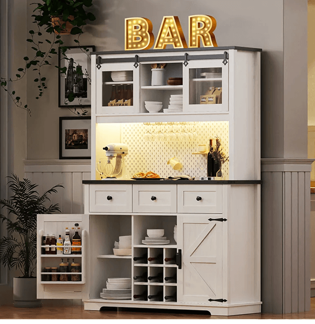 71in Rustic Coffee Bar Cabinet  Farmhouse Pantry With Power Outlet And Storage Drawers 3