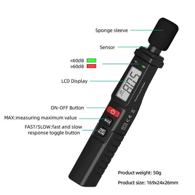 MASTFUYI FY8862 Decibel Meter – Portable A-Weighted Sound Level Meter for Accurate Noise Monitoring
