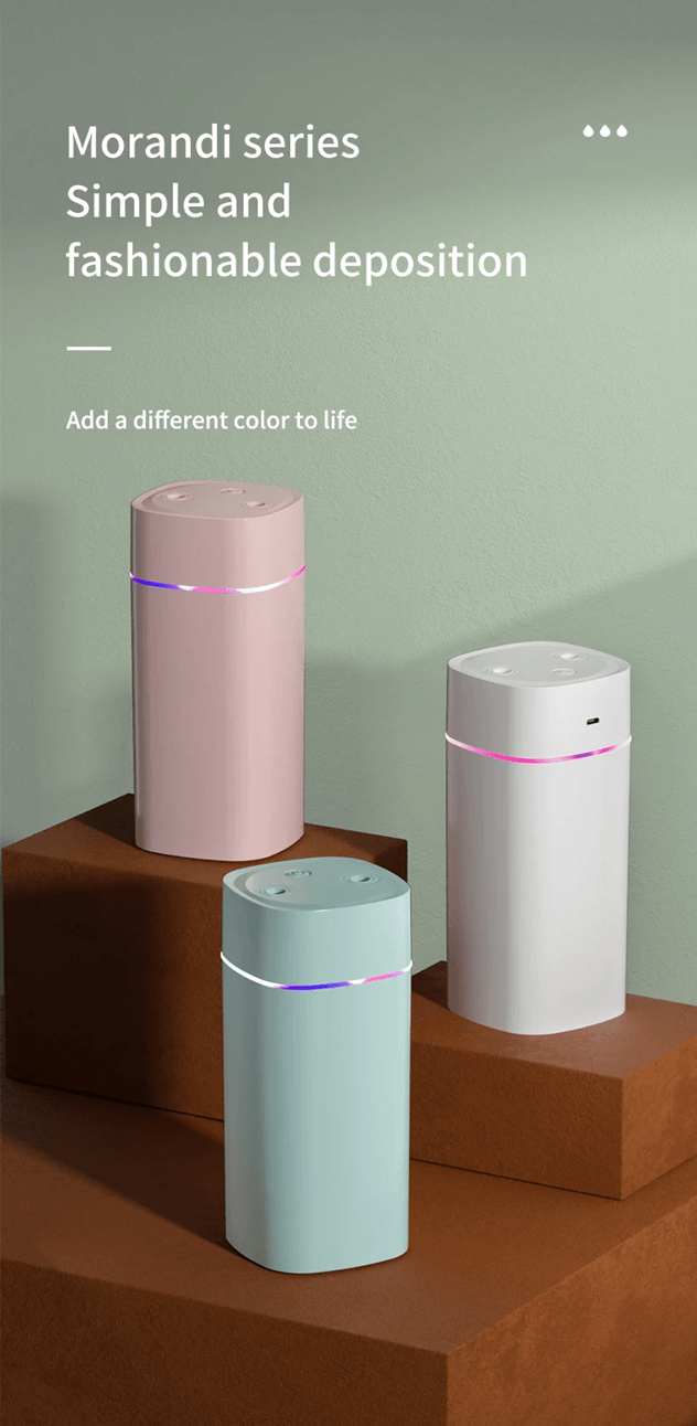 Dual Nozzle USB Humidifier with Aromatherapy & Ambient Light – Silent Desktop Oil Diffuser for Home, Office, or Car