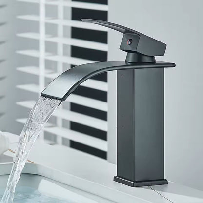 Matte Black Waterfall Bathroom Faucet with Single Handle and Hot Cold Mixer