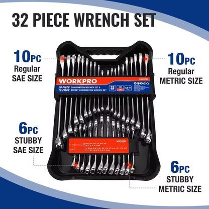 32 Piece SAE and Metric Wrench Set with Standard and Stubby Wrenches Plus Organizer