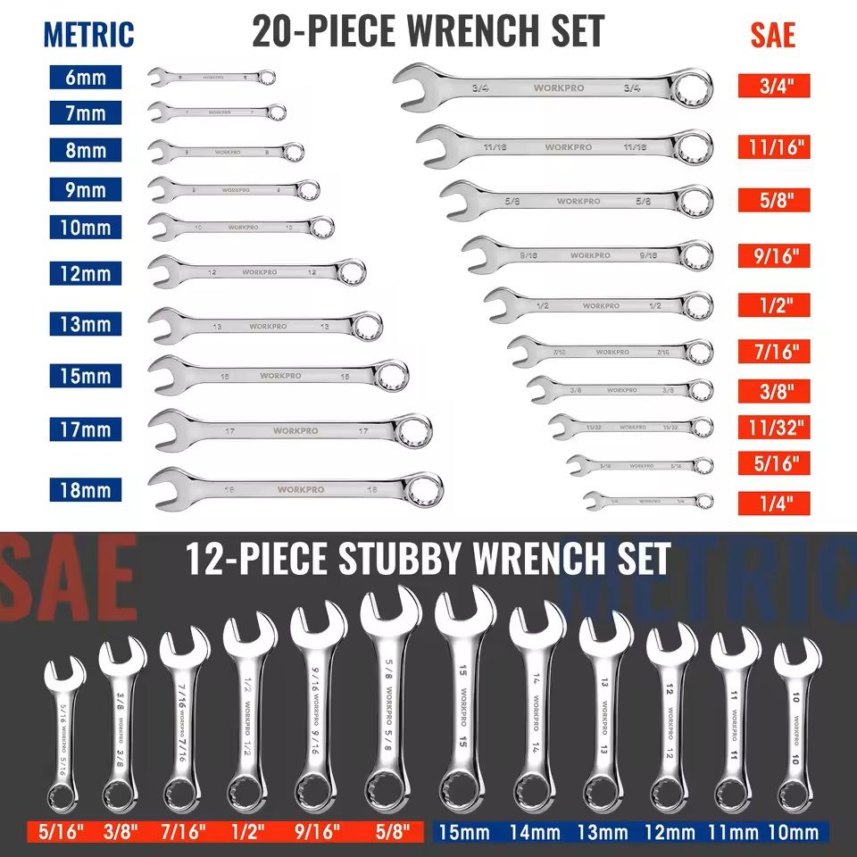 32 Piece SAE And Metric Wrench Set With Standard And Stubby Wrenches Plus Organizer 6