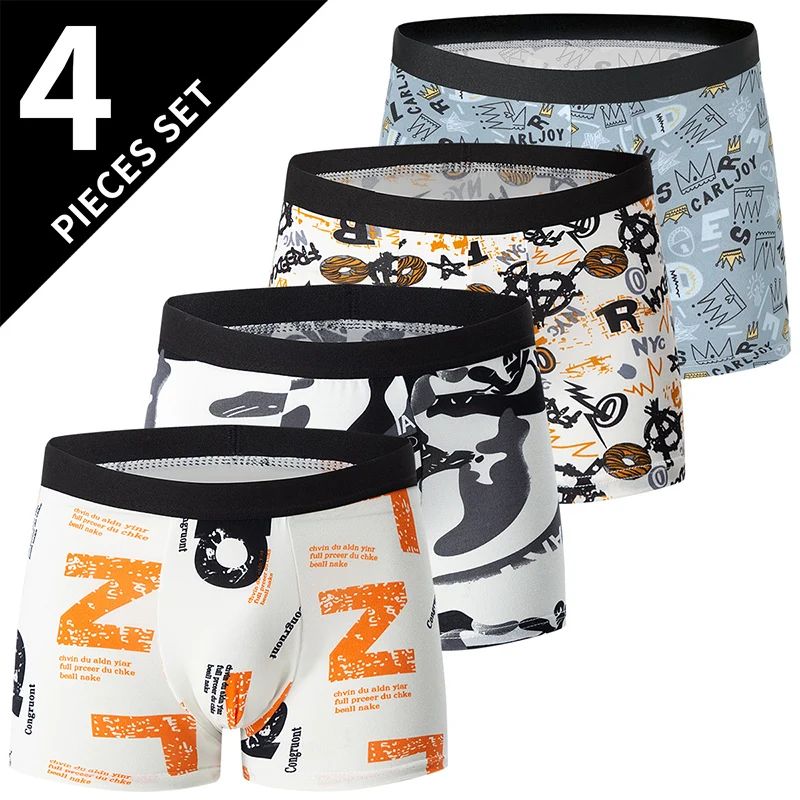 4Piece Men Fashion Print Mix And Match Underwear  Comfortable Breathable Beach Shorts For Teenager 1