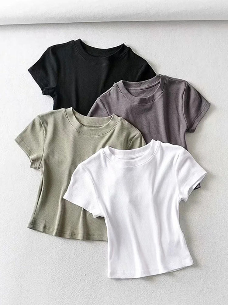 Women's Skinny Fit Crop Tops, Summer Sexy Short Sleeve O-Neck Elastic T-Shirt for Women