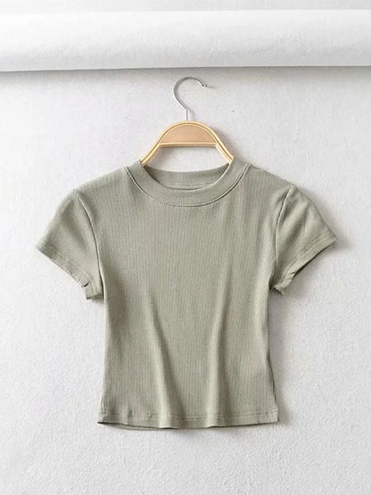 Women's Skinny Fit Crop Tops, Summer Sexy Short Sleeve O-Neck Elastic T-Shirt for Women